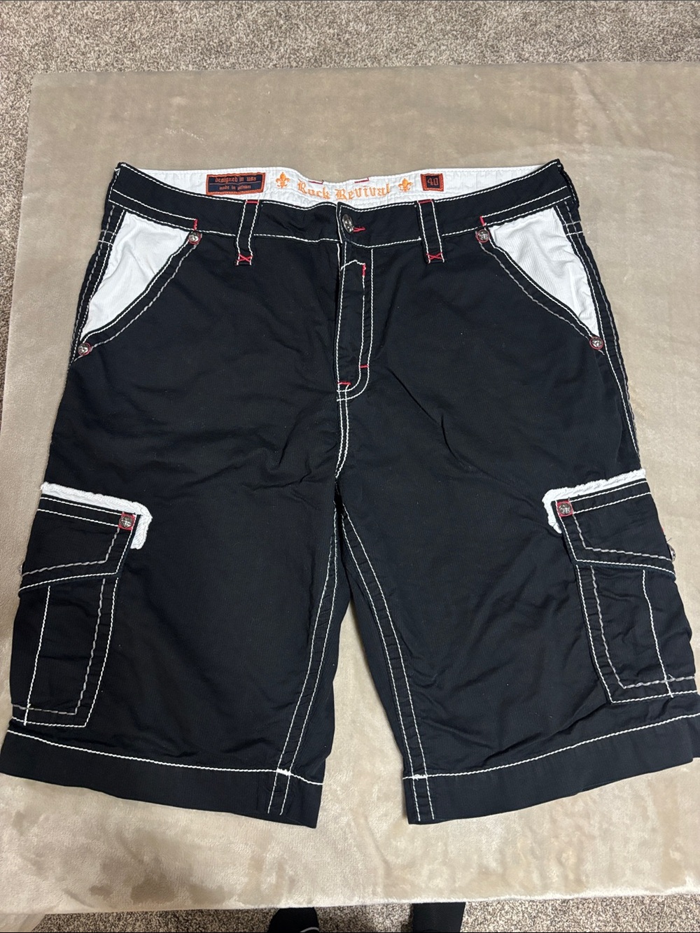 Rock Revival Black Cargo Shorts with White Pocket Accents
